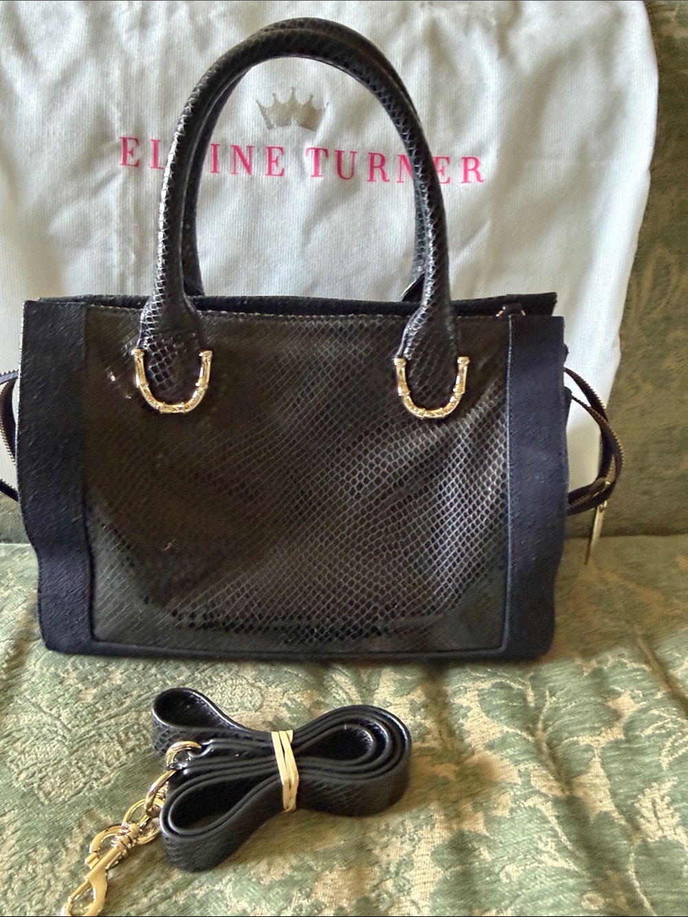 Elaine Turner Black Textured Satchel with Gold Hardware